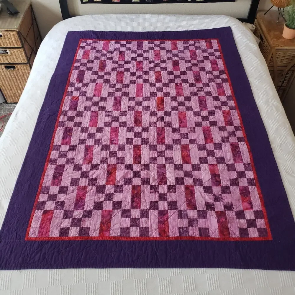 Handmade Batik Lap Throw Quilt Purple Pink Reversible Modern Patchwork 46